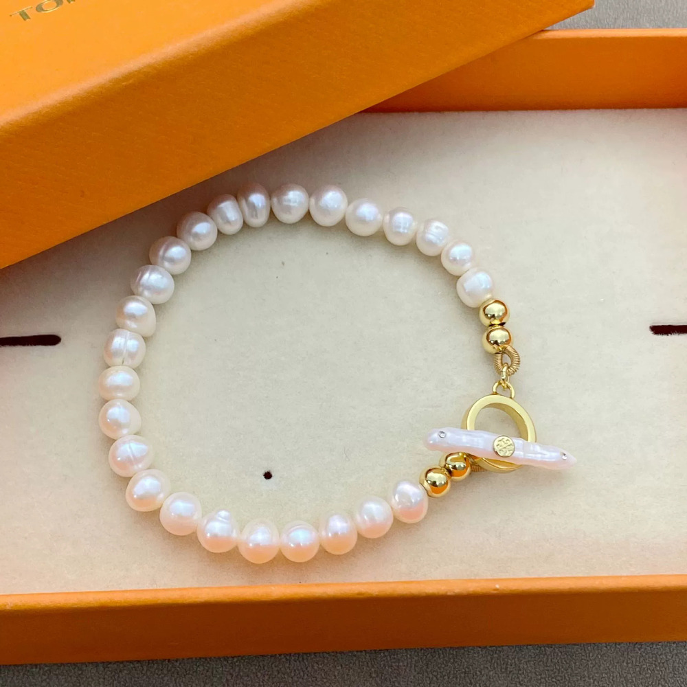 Tory Burch Natural Freshwater Pearl Round Bead Bracelet with Clasp